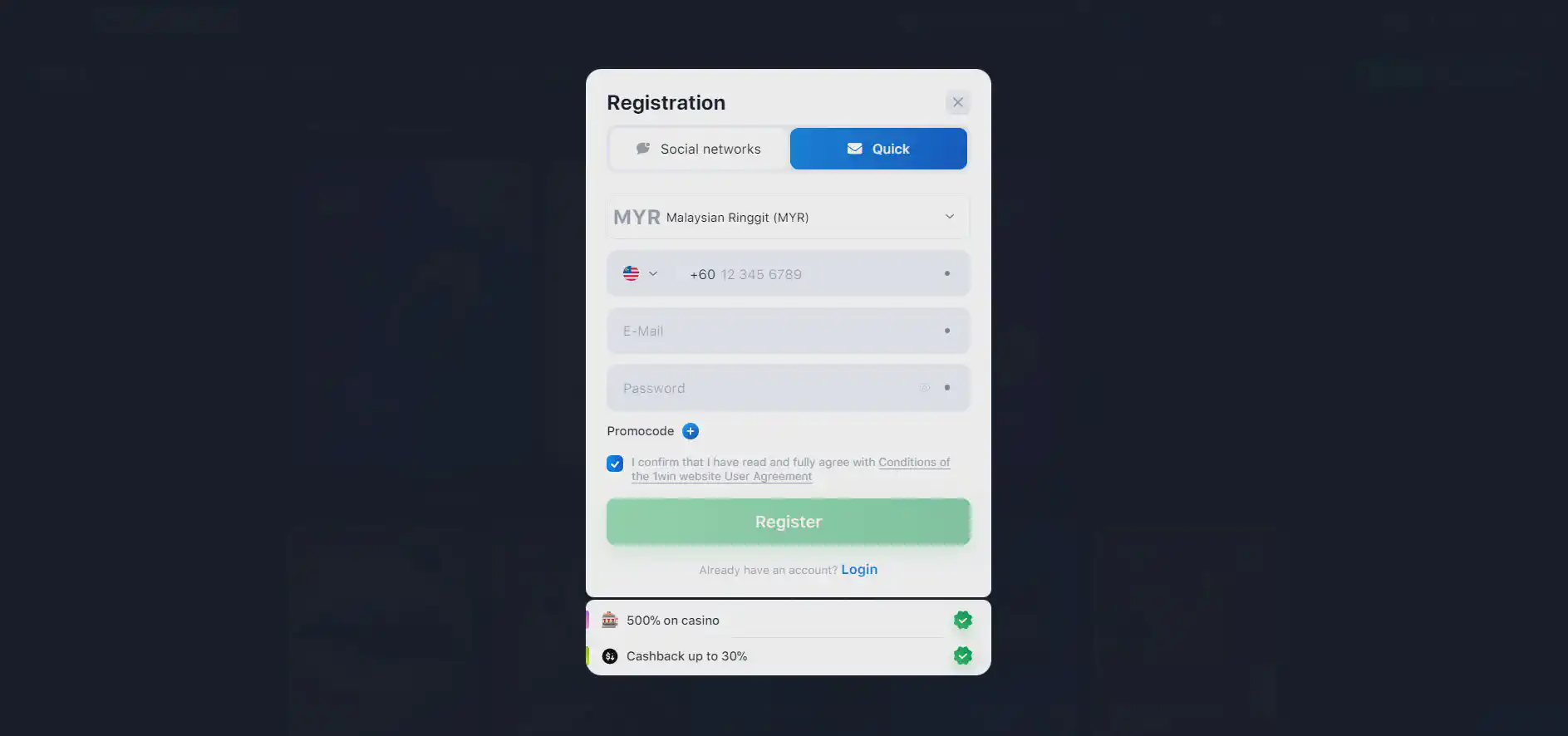 1win register via phone email
